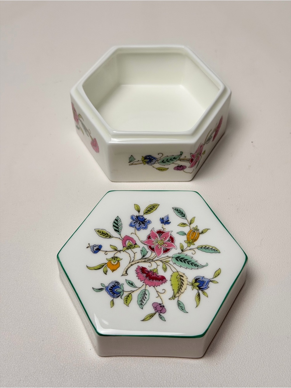 Minton Haddon Hall Bone China Hexagonal Lidded Floral Trinket Box England